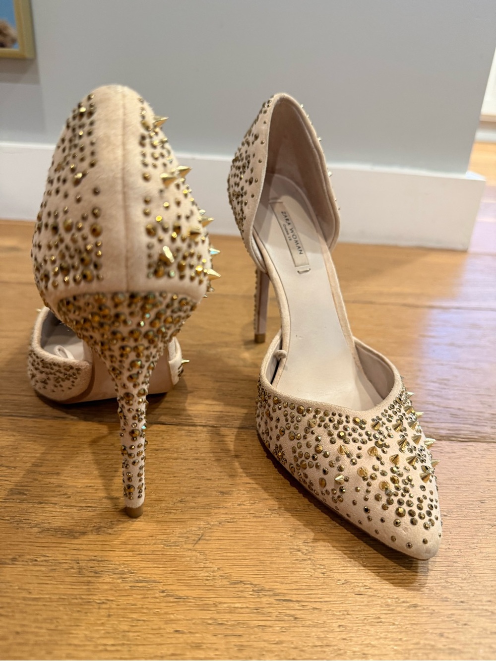 Zara Blush-Cream Pointed Spike & Stud Stiletto Pumps